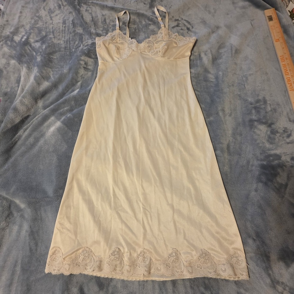 VTG Movie Star Full Slip Dress Nylon Lace Ivory Sz 36 USA 1960s SEE